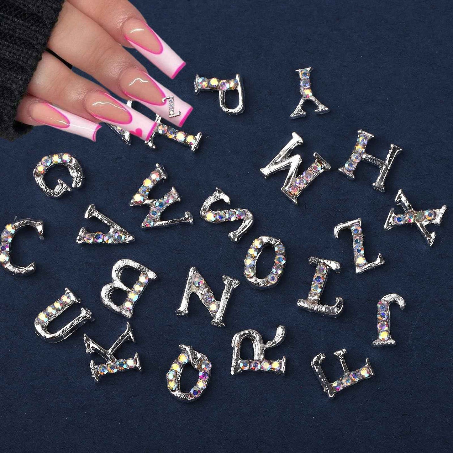 ROFIBUT Silver Letters Nail Charms Alloy English Alphabet Stud Nail Gems with Rhinestones Design 3D Shiny Letter Capital Nail Diamonds for Women Acrylic Nails Bling Jewels Making Crafts Manicure 26Pcs