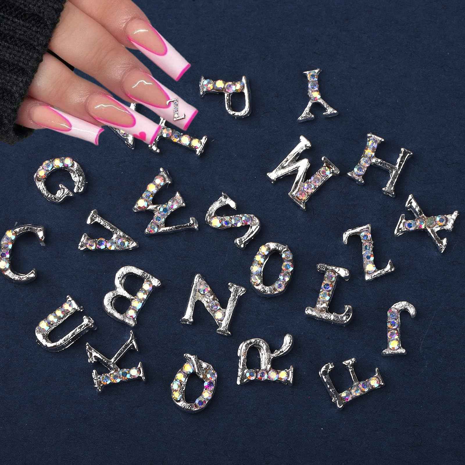 ROFIBUT Silver Letters Nail Charms Alloy English Alphabet Stud Nail Gems with Rhinestones Design 3D Shiny Letter Capital Nail Diamonds for Women Acrylic Nails Bling Jewels Making Crafts Manicure 26Pcs