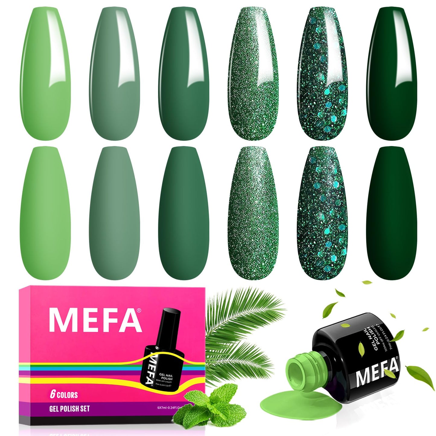 MEFA Green Gel Nail Polish, 6 Colors Green Glitter Nail Polish Gel Dark Avocado Sage Green Evergreen Sparkle Gel Polish Set Soak Off Nail Art DIY Salon Manicure Nail Art Holiday Gifts for Women