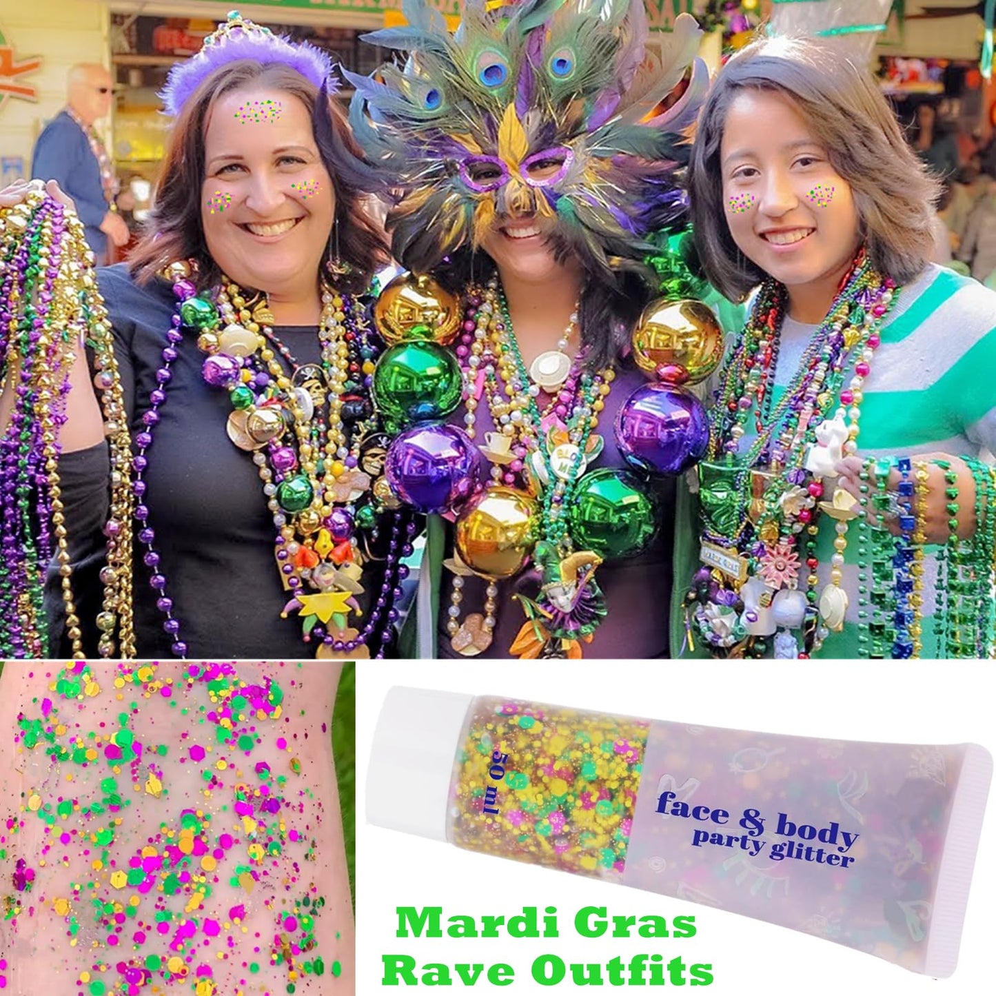 Go Ho Mardi Gras Body Glitter,St.Patrick's Day Face Glitter,Sparkly Holographic Glitter Mermaid Sequins Party Festival Rave Accessories,Gold Green Purple Chunky Sequins Glitters Gel