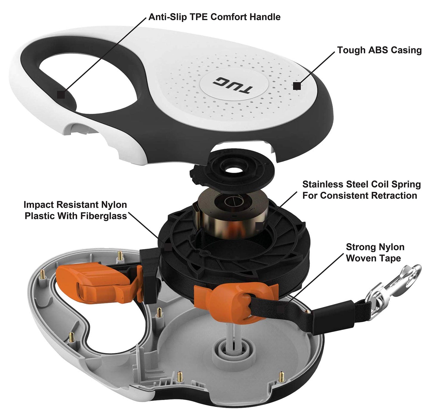 TUG 360° Tangle-Free Retractable Dog Leash with Anti-Slip Handle | 16 ft Strong Nylon Tape | One-Handed Brake, Pause, Lock (Small, White/Orange)