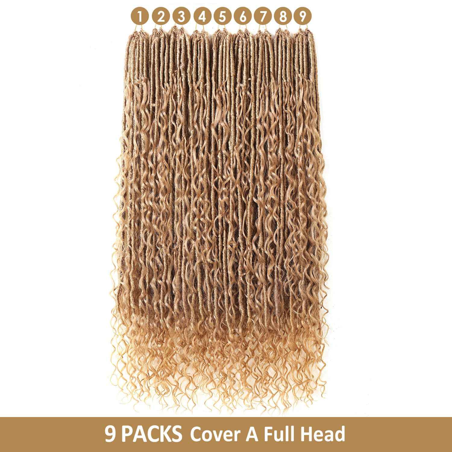 9 packs Boho Faux Locs Crochet Hair, 30 Inch, Honey Blonde Pre Looped Goddess Soft Locs Crochet Hair with Curly Ends, Bohemian River Locs for Black Women(27#, 30 Inch)