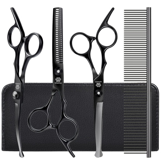 Dog Grooming Scissors Kit with Safety Round Tips, GLADOG Professional 5 in 1 Grooming Scissors for Dogs