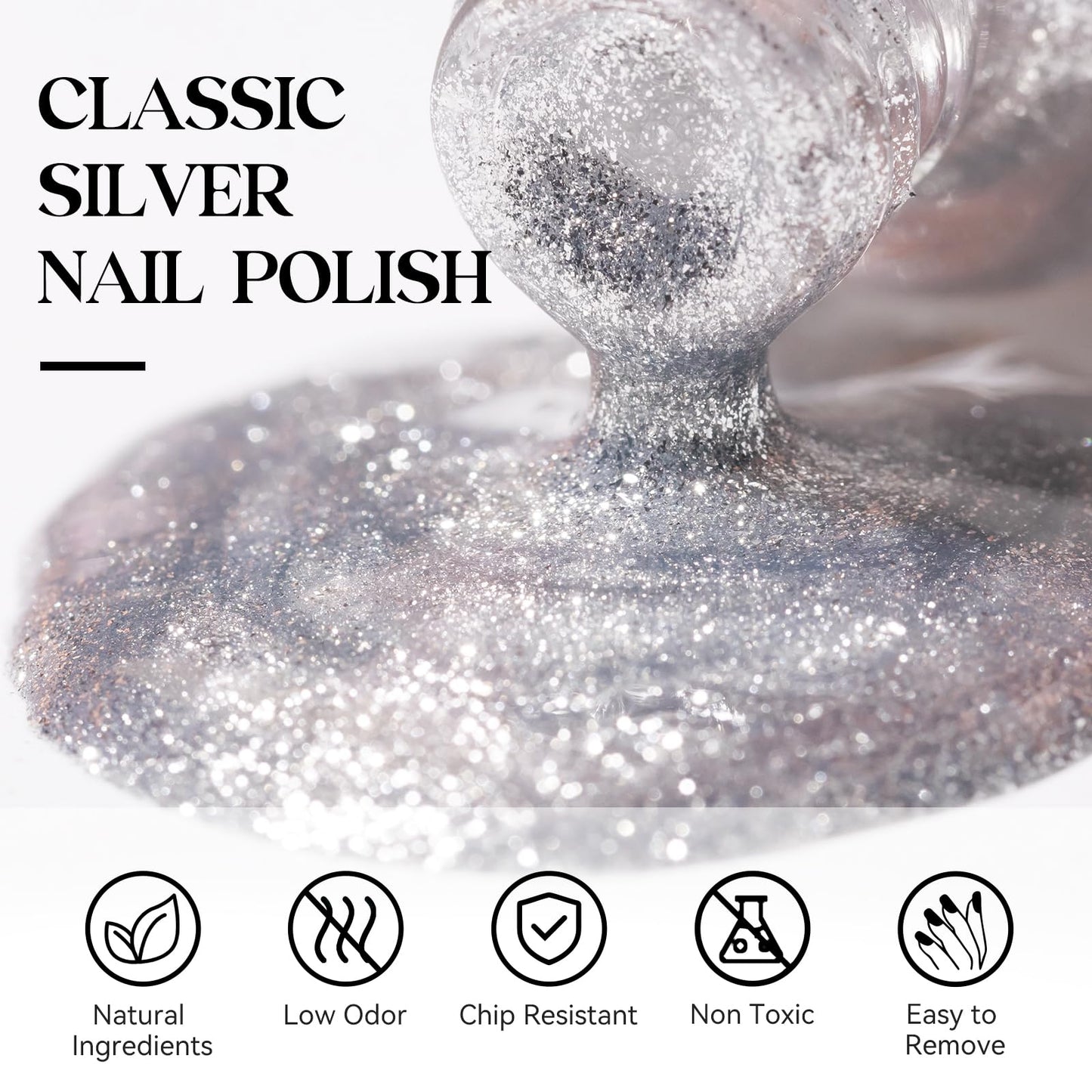 MIZHSE Glitter Nail Polish, Metallic Silver Nail Polish Air Dry Fast, 15ml High Glossy Sparkle Shiny Nail Pigment Water-based Chrome Nail Polish Nail Art Salon Manicure Home