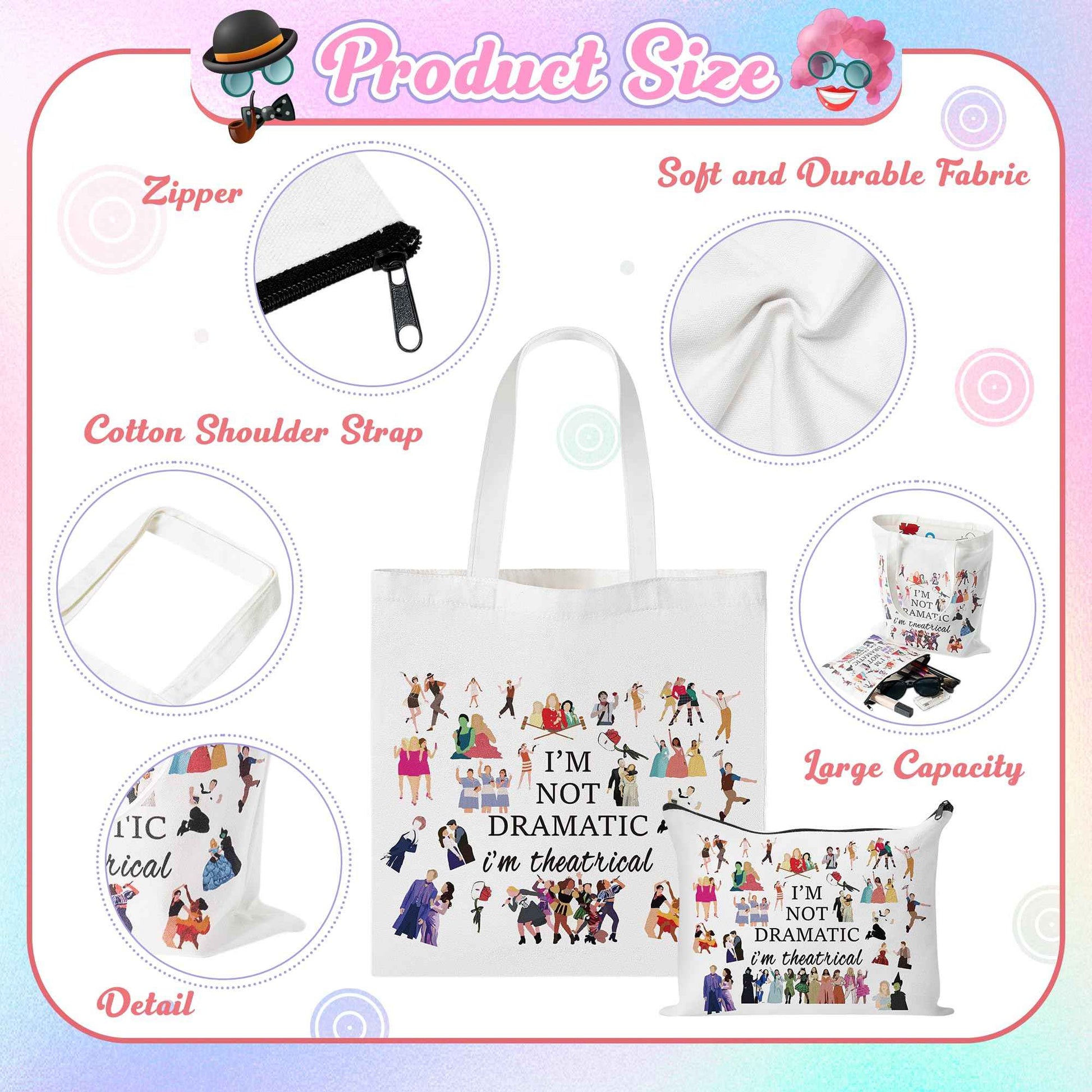 GyovinnJuwanua Broadway Musical Canvas Tote Bag - I’m Not Dramatic I’m Theatrical Gifts Tote Bag and Cosmetic Bag Set, Makeup Zipper Pouch Bag for Women Girls Fans Lovers Gift