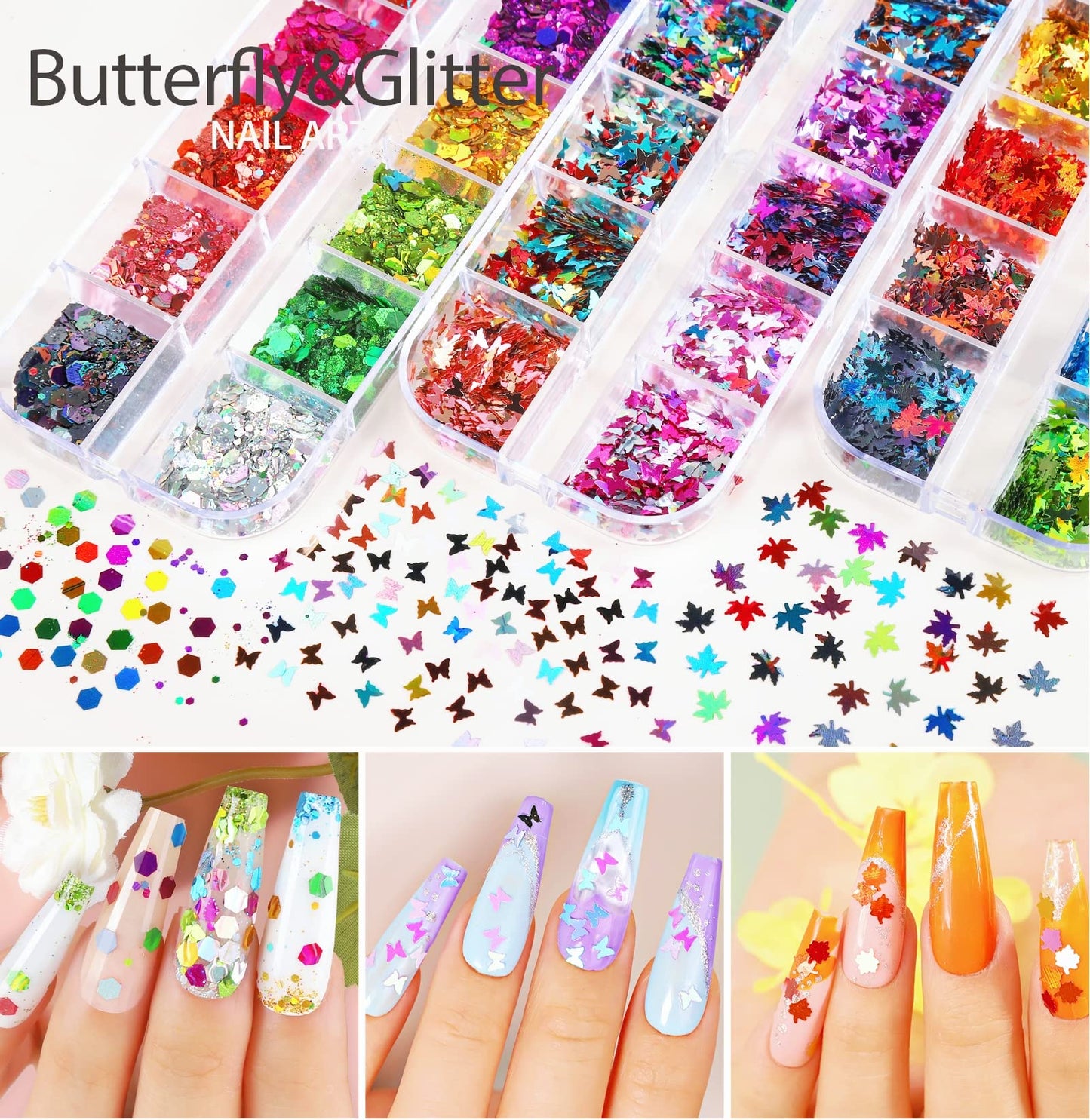 Teenitor 12 Sheets Nail Art Sticker Self-Adhesive, Flower Nail Stickers 5D Embossed Nail Decals, 5 Boxes Nail Art Glitter Sequins Flakes, Nail Art Design Tools Self Adhesive Nail Art Supplies