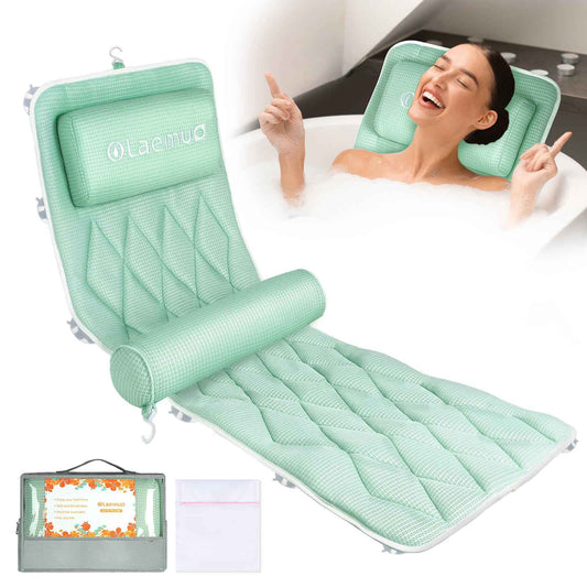 Full Body Bath Pillow Bathtub Pillows-Removable Lumbar Cushion with 17 Non-Slip Suction Cups 4D Air Mesh Fit Any Tub Luxury Bathroom Accessories-Green