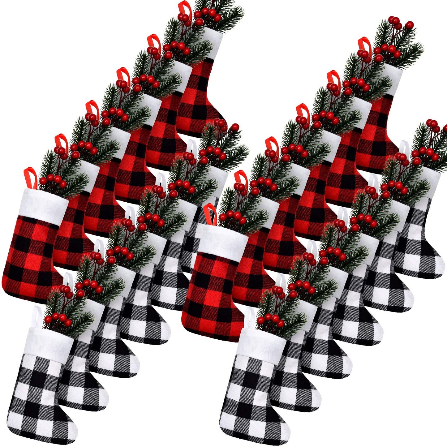 Skylety 24 Pcs Christmas Stockings in Bulk Plush Cuff Small Xmas Buffalo Plaid Stocking Rustic Fireplace Socks Traditional Stockings for Christmas Holiday Party Decor (Red Black, Black White,Plaid)