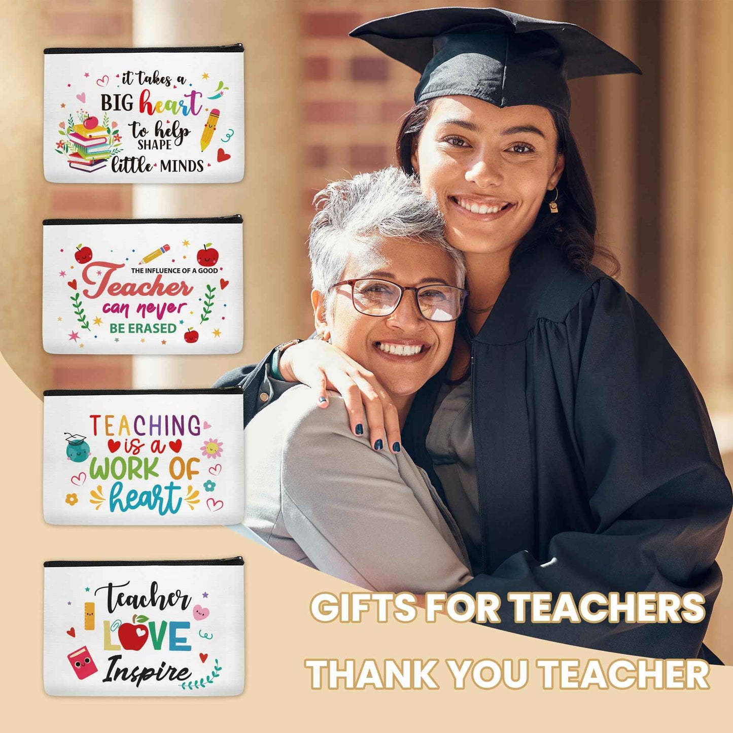 YOMOVER Teacher Appreciation Gifts Makeup Bag - 4 Pcs Best New Teacher Gifts for Women Small Cosmetic Bags Canvas Travel Toiletry Bag with Zipper for Teacher's Day Graduation Back to School