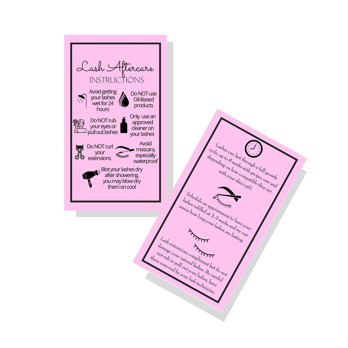 Lash Extension Aftercare Instructions Cards | Package of 250 | Double Sided Size 2x3.5" inches After Care (2-3 Week Fillers) | Bubblegum Pink with Eyelash Extension Aftercare Pictures