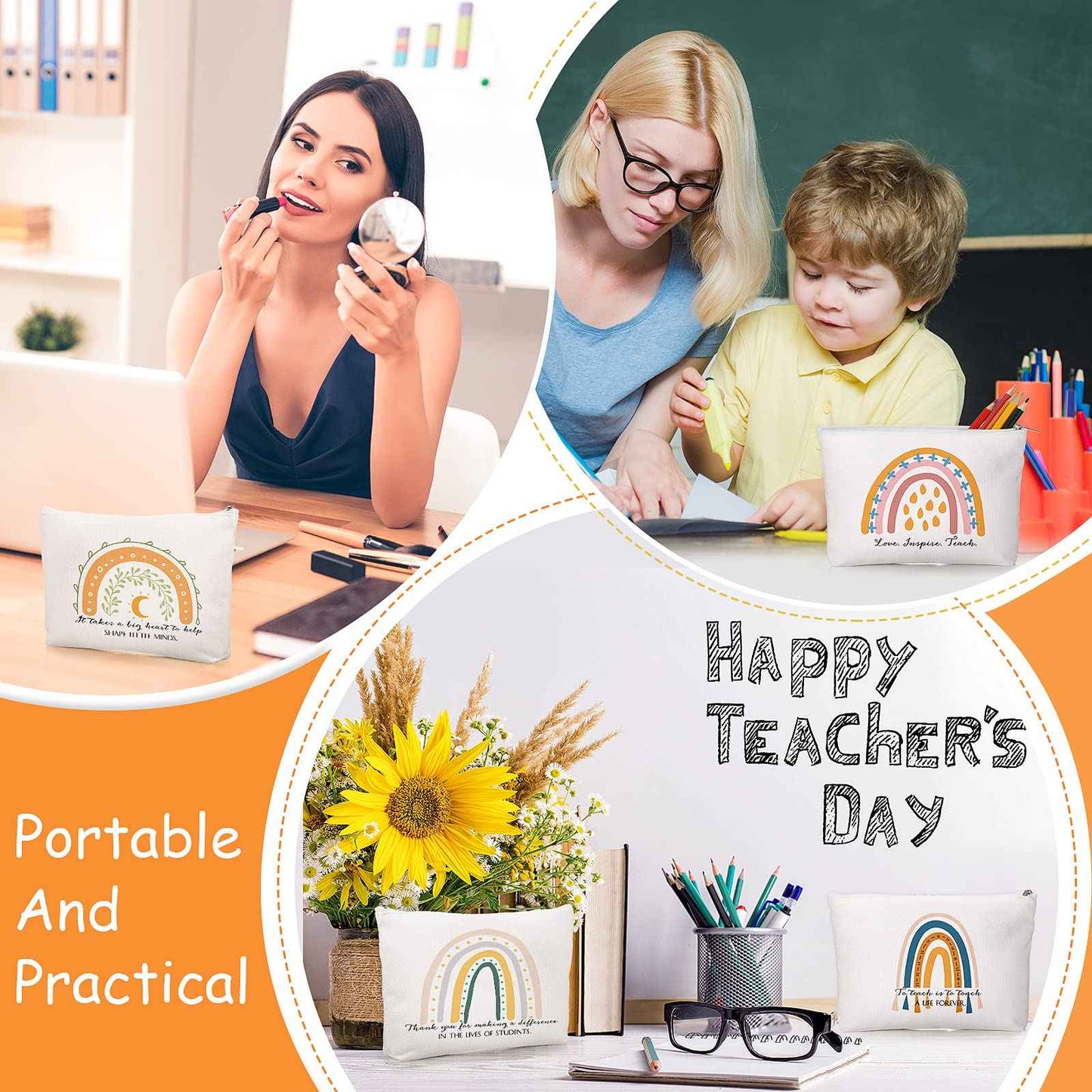 Fumete 40 Pcs Teacher Gift Inspirational Rainbow Makeup Bag Rainbow Silicone Keychains Bulk Zipper Canvas Teacher Pencil Pouch for Employee Appreciation Thank You Gifts Thanksgiving Christmas