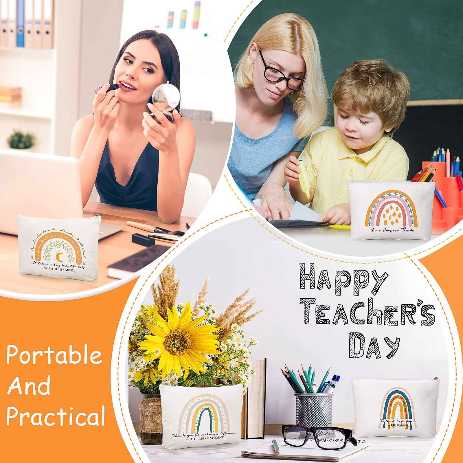 Fumete 40 Pcs Teacher Gift Inspirational Rainbow Makeup Bag Rainbow Silicone Keychains Bulk Zipper Canvas Teacher Pencil Pouch for Employee Appreciation Thank You Gifts Thanksgiving Christmas