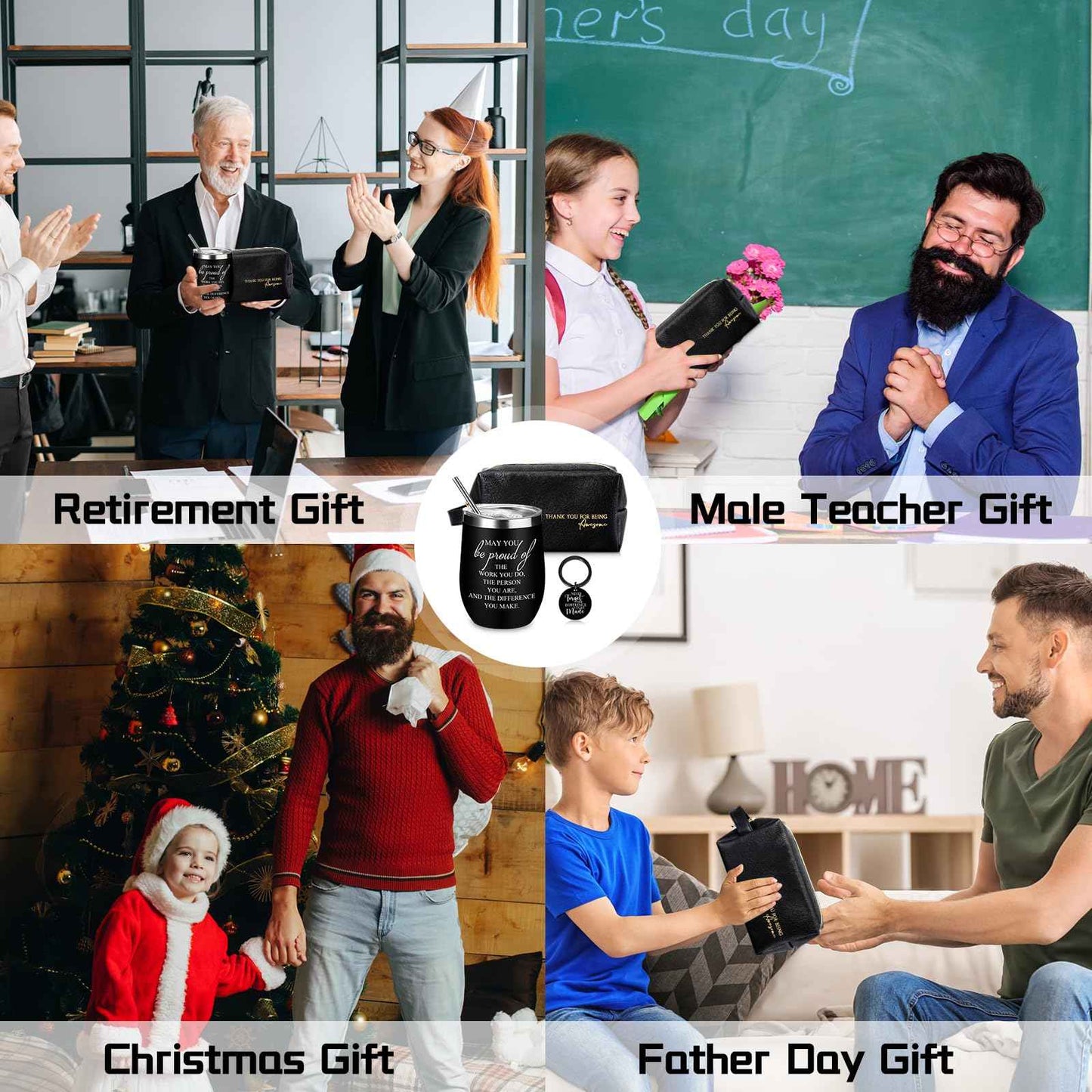 Dandat Set of 3 Thank You Gift for Men Christmas Leather Toiletry Bag May You Be Proud of The Work Sign 12oz Stainless Steel Tumbler with Inspirational Keychain for Men Teacher Male Staff(Black)
