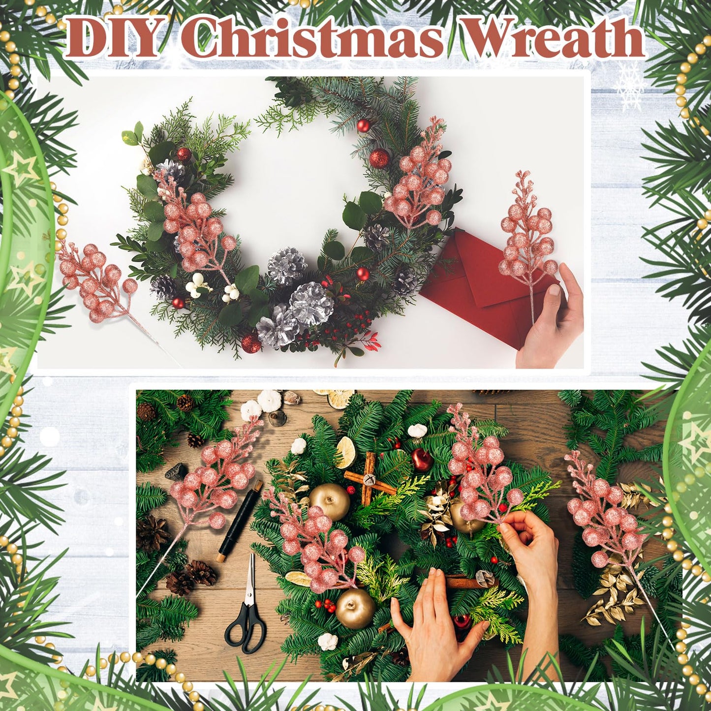 80 Pcs Artificial Glitter Christmas Berries Stems 8.46 Inch Christmas Berry Branches Sprays Faux Berry Sprig Picks Winter Floral Picks for DIY Xmas Tree Ornaments Christmas Wreath Decor(Rose Gold)