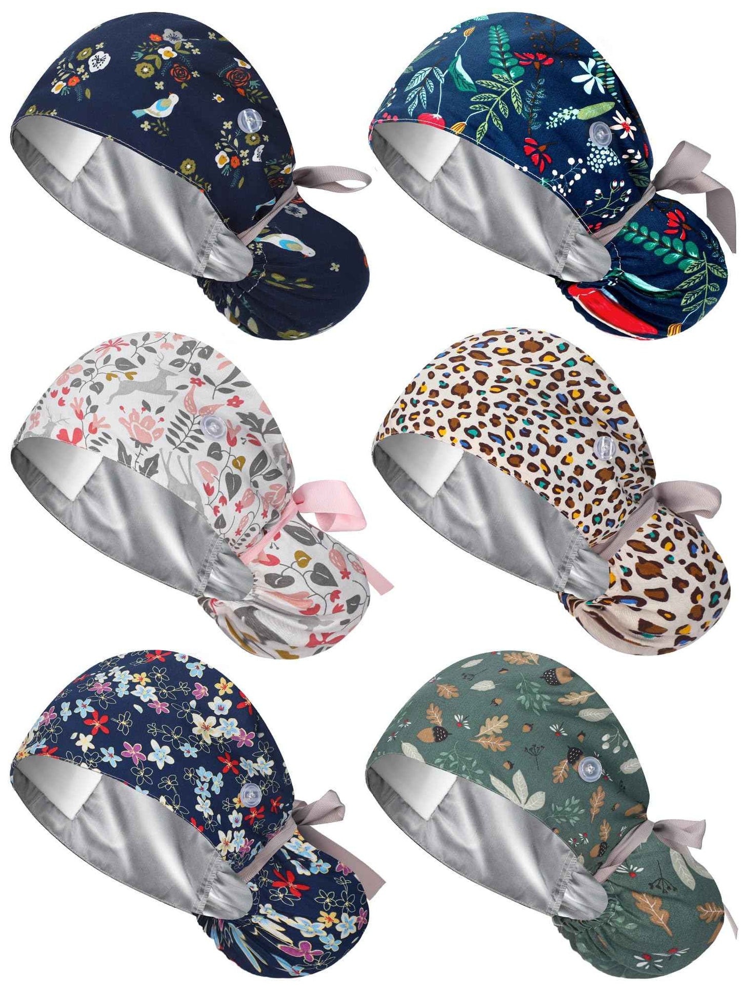Floraltop 6 Pcs Satin Lined Scrub Caps Women Nurse Surgical Hat with Buttons Ponytail Working Adjustable Pouch Tie Back(Fresh Style)