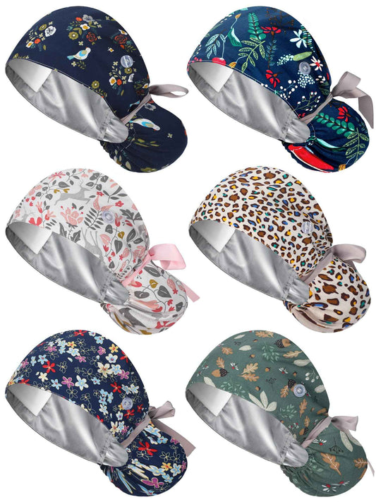 Floraltop 6 Pcs Satin Lined Scrub Caps Women Nurse Surgical Hat with Buttons Ponytail Working Adjustable Pouch Tie Back(Fresh Style)