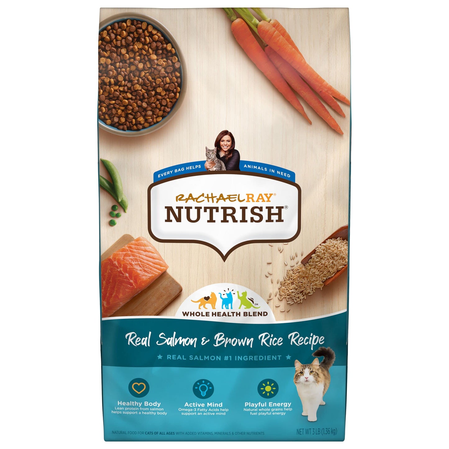 Rachael Ray Nutrish Premium Natural Dry Cat Food with Added Vitamins, Minerals & Other Nutrients, Real Salmon & Brown Rice Recipe, 3 Pound Bag