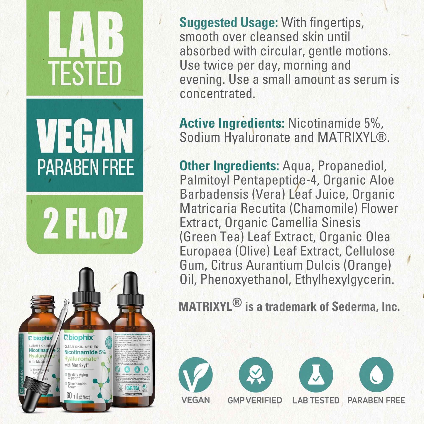 biophix B-3 Nicotinamide Age-Defying Liquid Serum 2 oz - Hyaluronic Acid - Matrixyl ® - Supports Skin Health - Healthy Aging