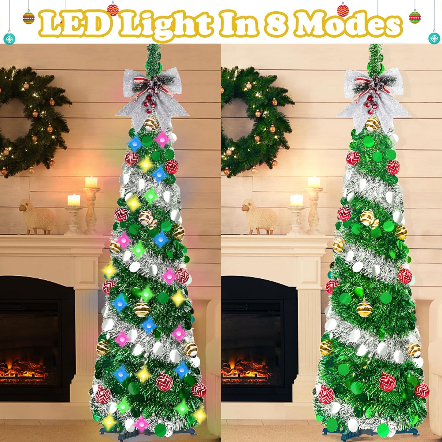 RACPNEL 5Ft Pop Up Tinsel Christmas Tree with Lights, Decorations, Sequins, Collapsible Pencil Christmas Tree Artificial, Holiday Indoor Christmas Decoration for Home, Office, Apartment Xmas Decor