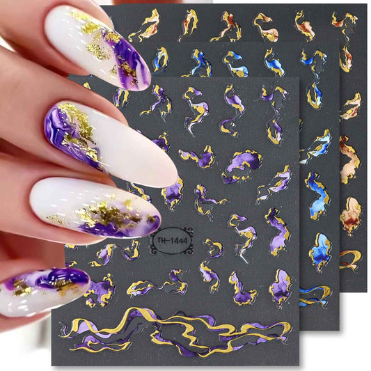 3D Bronzing Gold Marble Nail Art Stickers, 6pcs Blue Purple Irregular Gild Stamping Decals for Women Designs, Self Adhesive Accessories