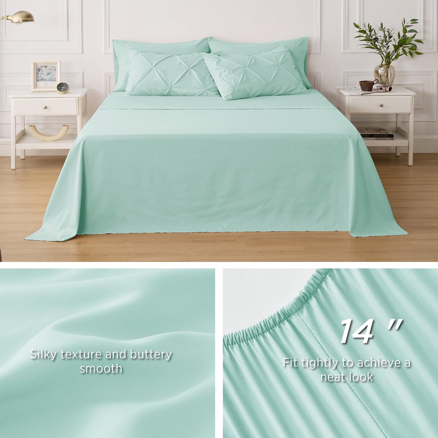 Bedsure Twin Comforter Set with Sheets - 5 Pieces Twin Bedding Sets, Pinch Pleat Mint Green Twin Bed in a Bag with Comforter, Sheets, Pillowcase & Sham