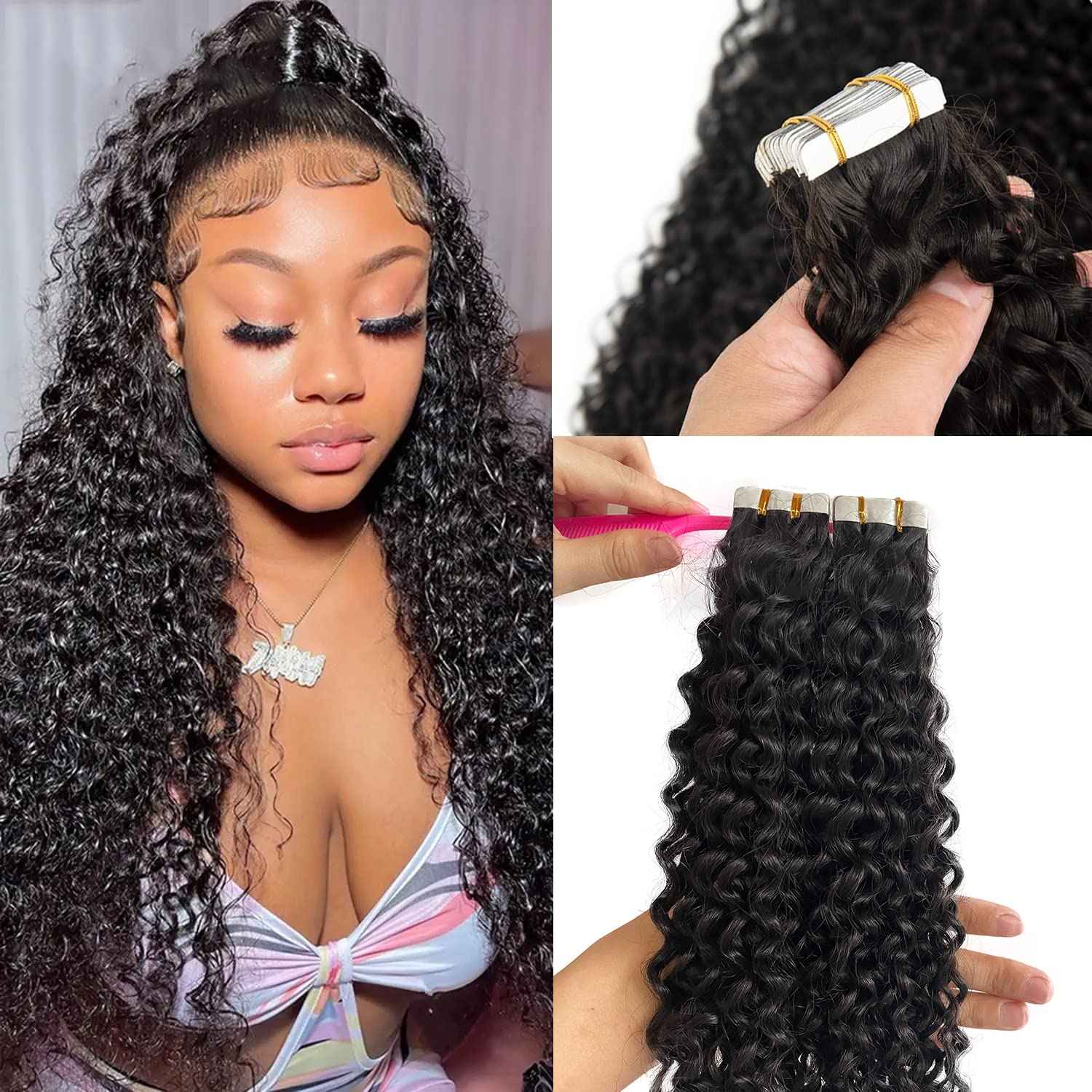 Afro Curly Tape in Hair Extensions Human Hair 18 Inch Seamless Skin Weft PU Tape Ins Remy Hair Tape ins Deep Curly Wave Tapes in Extensions for Short Hair 20pcs/Pack 50G 3-4 Packs for Full Head