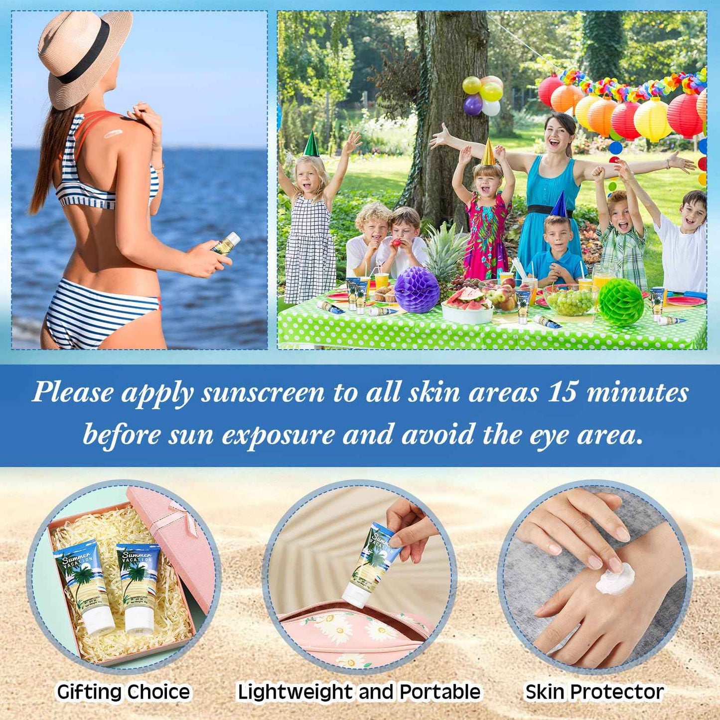 Dansib 24 Pcs Mini Sunscreen Bulk for Summer Wedding Party Spf 30 Water Resistant Sunscreen Lotion Bulk 1oz Travel Size for Thank You Gifts Wedding Party Supplies(White Cream,Vacation)