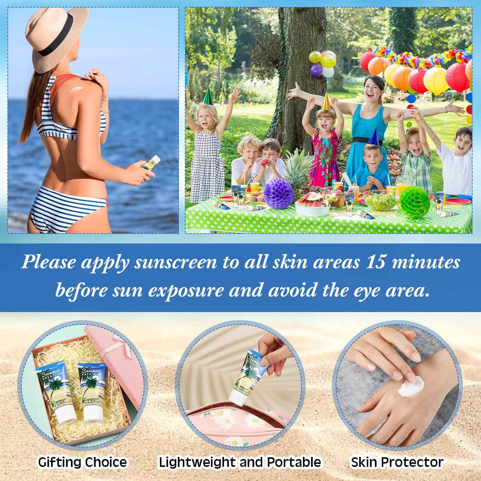 Dansib 24 Pcs Mini Sunscreen Bulk for Summer Wedding Party Spf 30 Water Resistant Sunscreen Lotion Bulk 1oz Travel Size for Thank You Gifts Wedding Party Supplies(White Cream,Vacation)