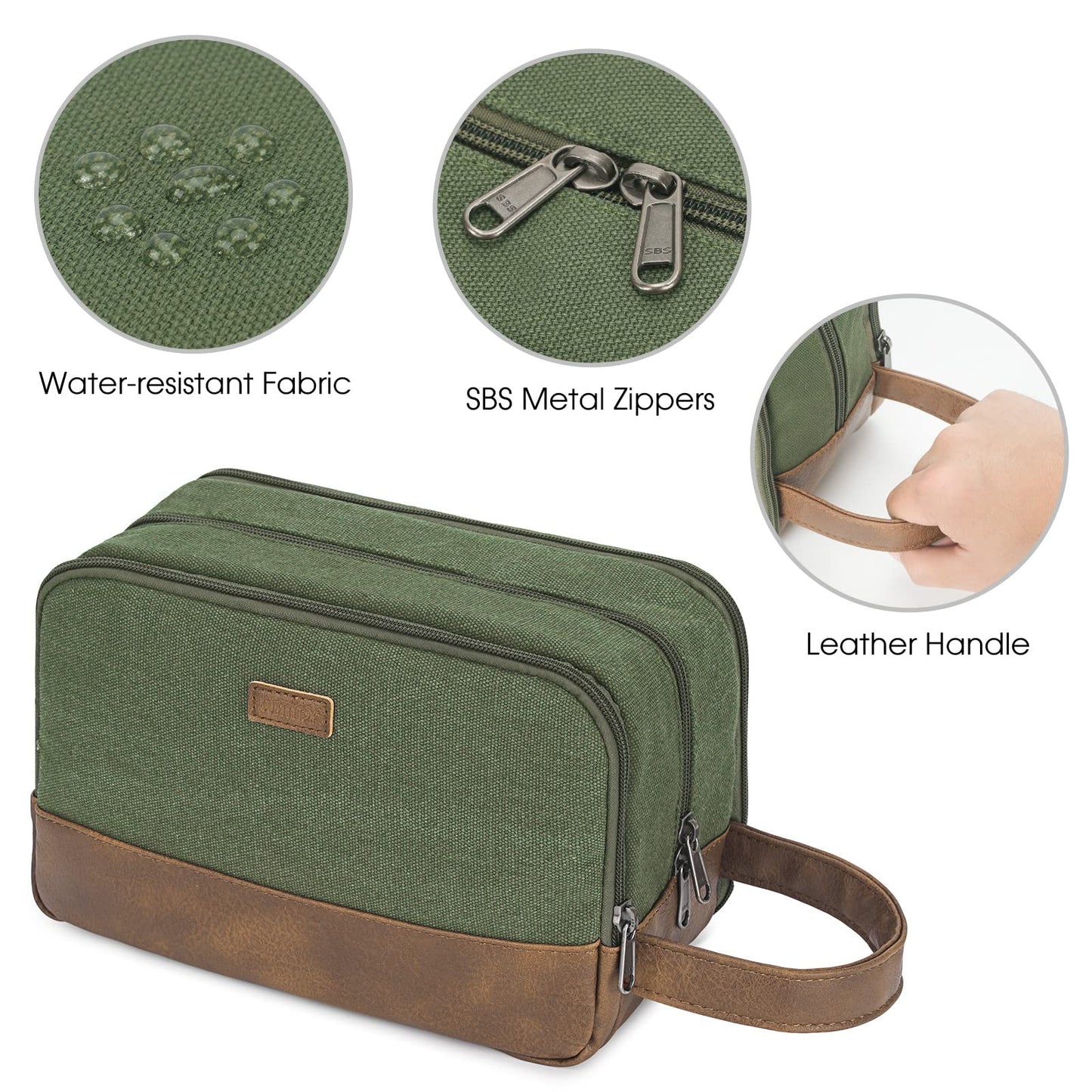 WANDF Travel Toiletry Bag for Men Hanging Dopp Kit Canvas Toiletry Organizer Water-resistant Vegan Leather Shaving Bag with Wet Pocket (Green)