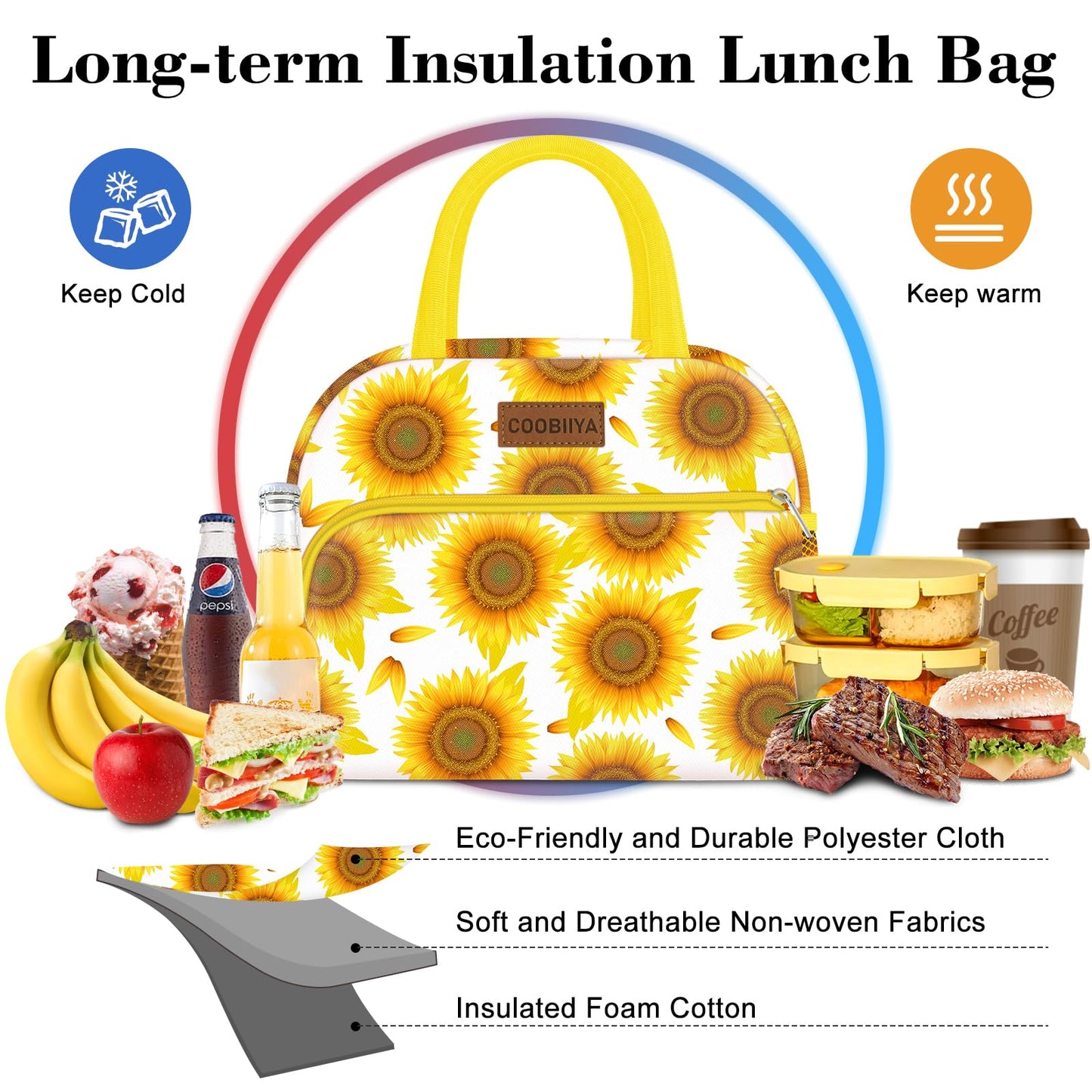 Coobiiya Lunch Bag Women, Lunch Box Lunch Bag for Women Adult Men, Small Leakproof Cute Lunch Tote Large Capacity Reusable Insulated Cooler Lunch Container for Work/Office/Picnic/Travel-Sun Flower