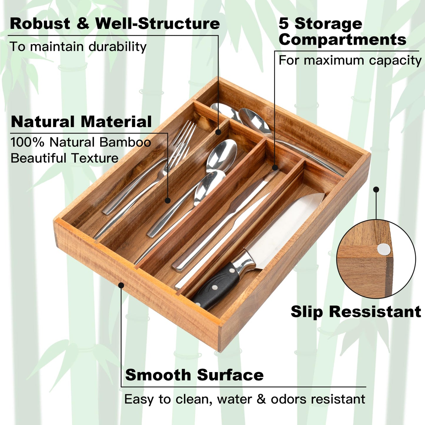 Besilord Silverware Organizer Kitchen Drawer Organizer Utensil Organizer Acacia Silverware Holder Cutlery Organizer in Drawer Flatware Organizer Tray(5 slots, Acacia