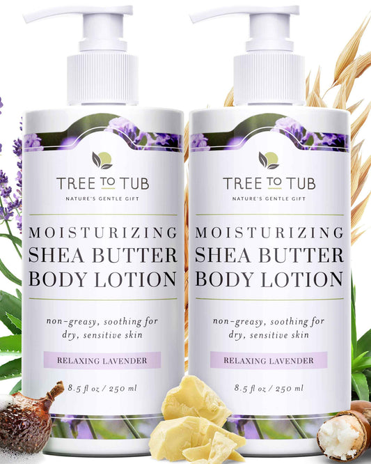 Tree to Tub Lavender Shea Butter Body Lotion for Dry Skin - Moisturizing Sensitive Skin Lotion for Women & Men, Vegan Body Moisturizer w/Organic Aloe Vera, Cocoa Butter, All Natural Colloidal Oatmeal