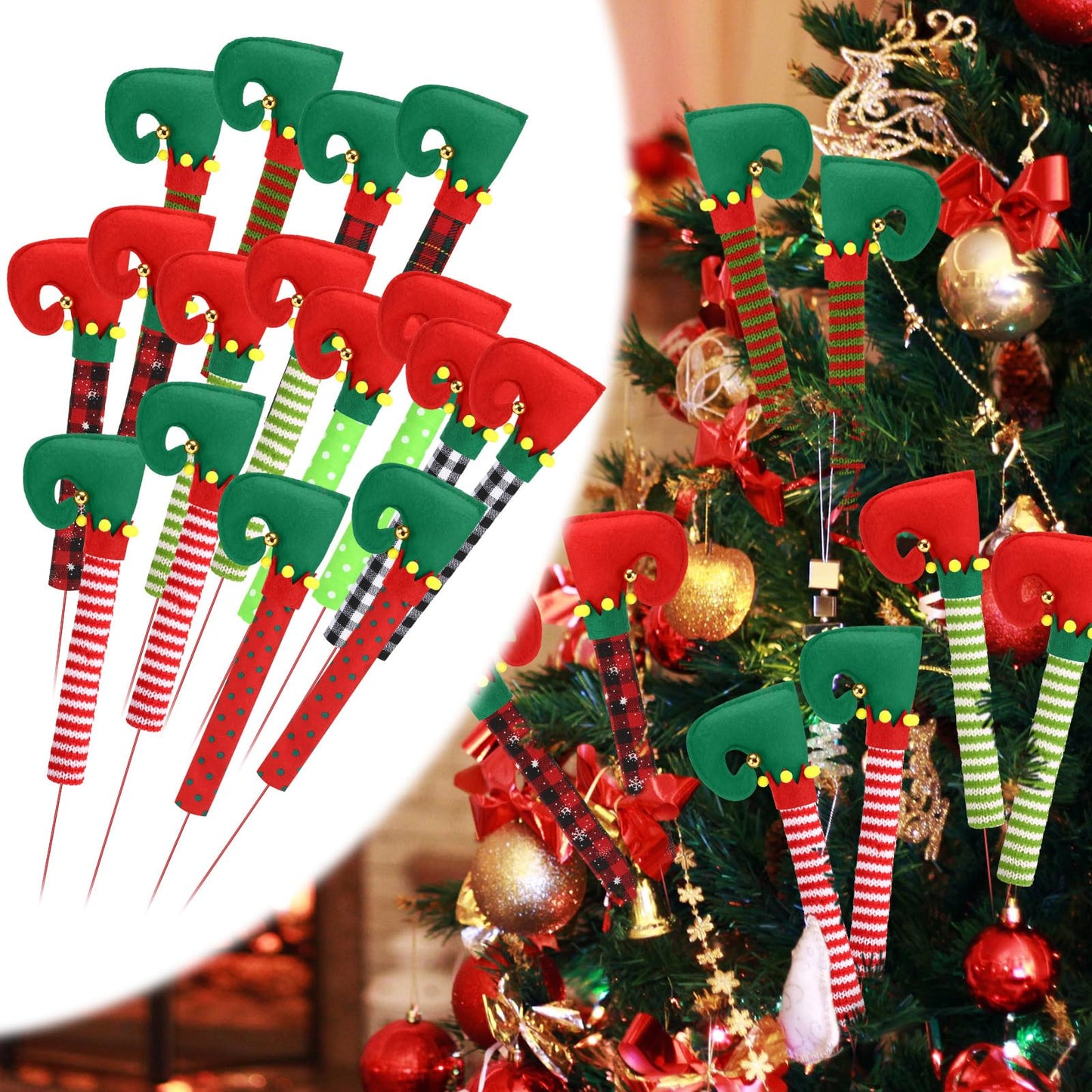 Zeyune 16 Pcs 17 Inch Christmas Elf Legs Tree Ornaments Jingle Plaid Stripe Bell Elf Legs Picks Elf Stuffed Legs Topper Decorations with Fixed Wire Tree Legs Decor Elf Feet Ornament for Xmas Holiday