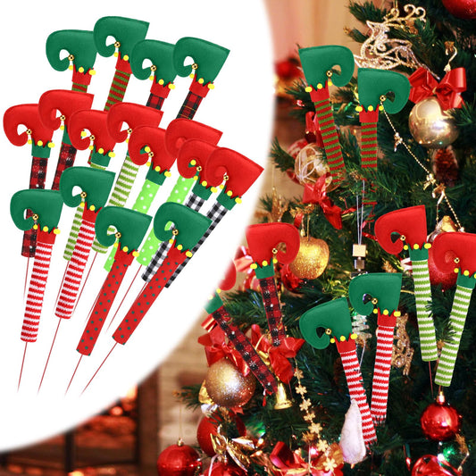 Zeyune 16 Pcs 17 Inch Christmas Elf Legs Tree Ornaments Jingle Plaid Stripe Bell Elf Legs Picks Elf Stuffed Legs Topper Decorations with Fixed Wire Tree Legs Decor Elf Feet Ornament for Xmas Holiday