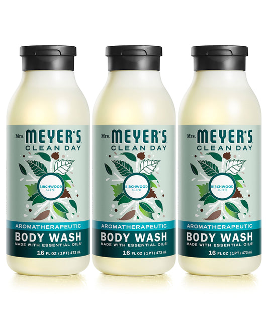 MRS. MEYER'S CLEAN DAY Moisturizing Body Wash for Women and Men, Biodegradable Shower Gel Formula Made with Essential Oils, Birchwood, 16 oz - Pack of 3