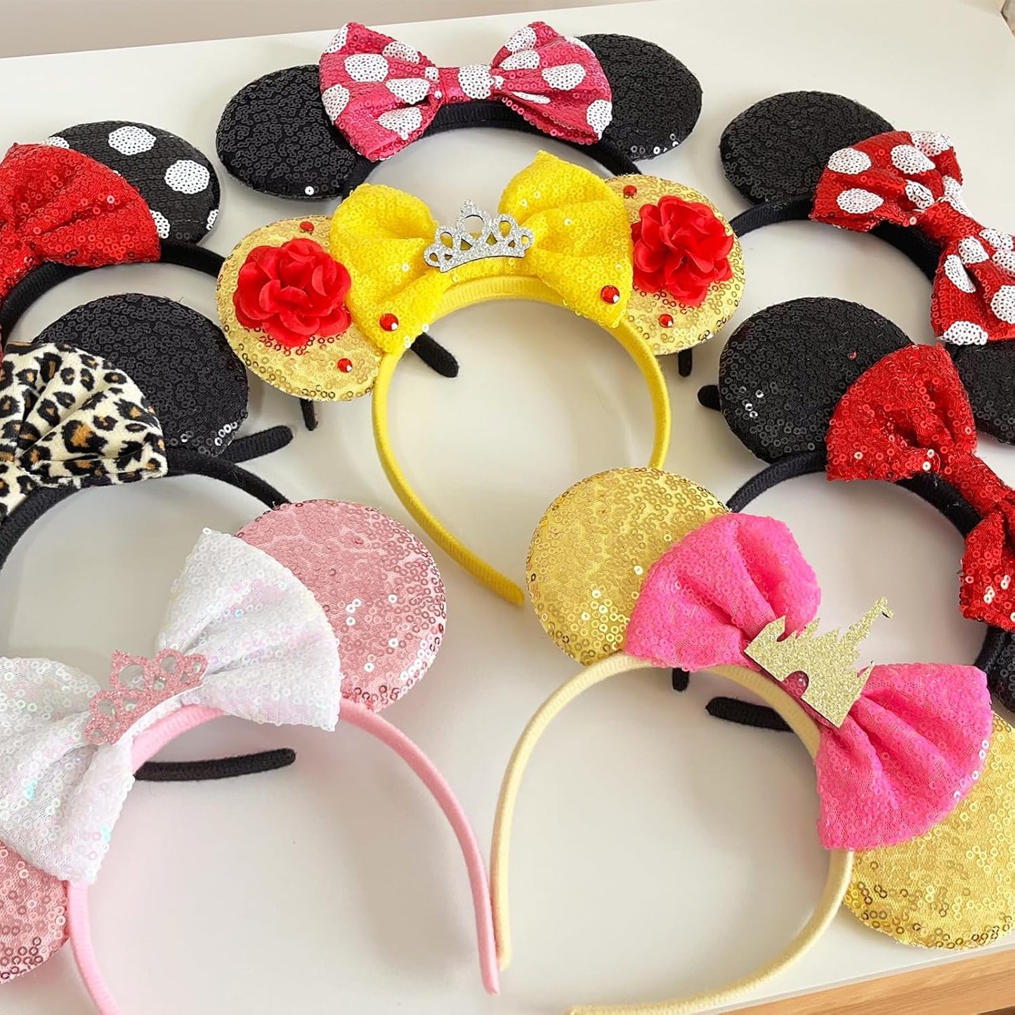 ASHONE Mouse Ears Headbands for Women Groups Mouse Ears Shiny Bows for Birthday Themed Events Accessories Party (Gold, One Size)