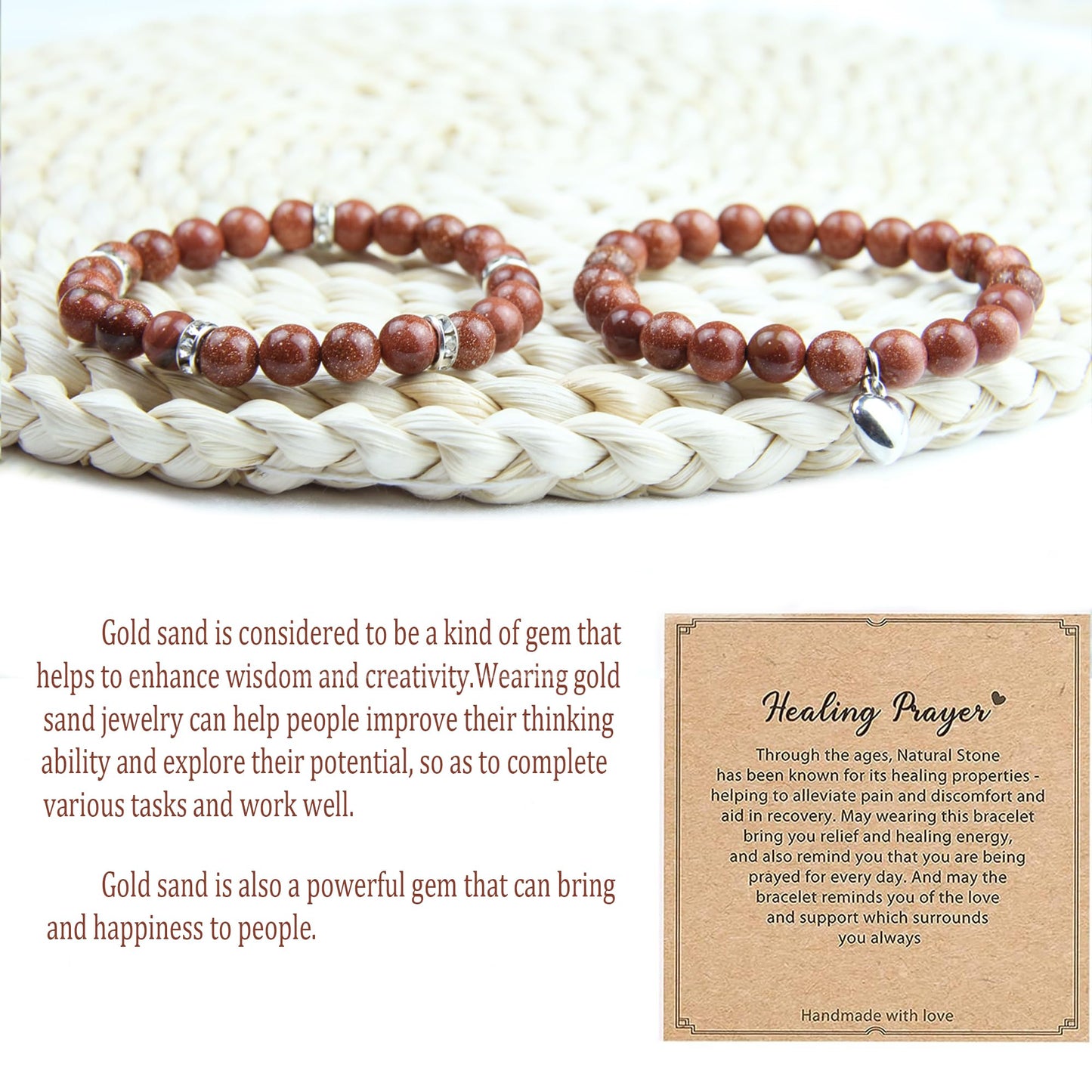 Healing Bracelets for Women - Goldstone Bracelet - Healing Prayers Crystal Bracelet, 8mm Natural Stone Anti Anxiety Stress Relief Yoga Beads Get Well Soon Gifts