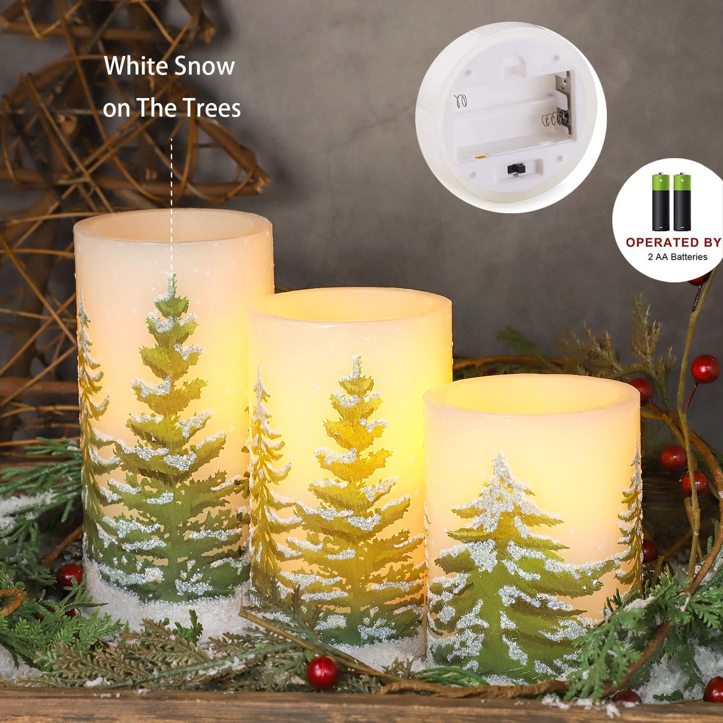 MELTONE Christmas Tree Flameless Candles with Remote Real Wax Flickering Battery Operated Candles - Home Party Fall Holiday Xmas Decorations - Set of 3