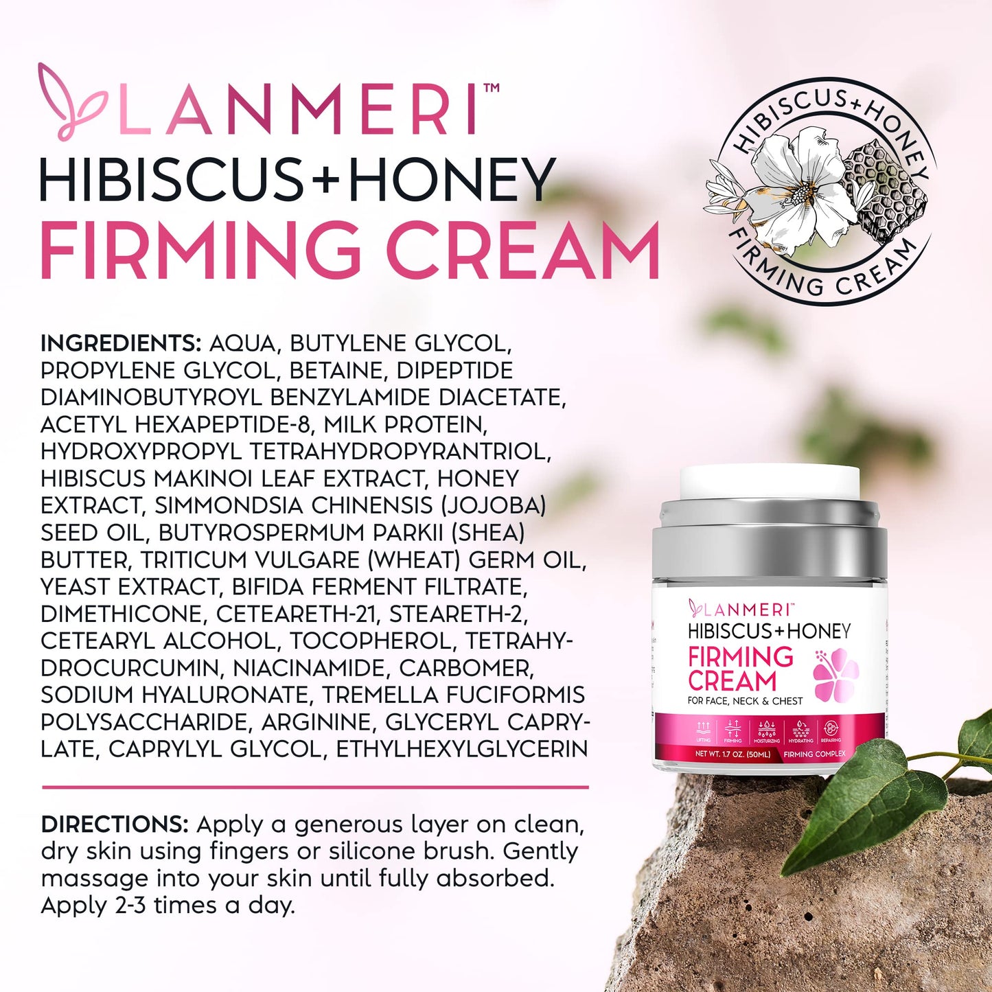 Hibiscus and Honey Cream - Neck Cream - Skin Cream for Face & Body - Anti-Wrinkle Facial Moisturizer with Collagen - Formulated with Hibiscus Extract, Honey, Jojoba Oil - Cruelty-free, 1.7 oz 50 ml