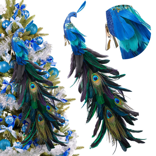 2 Pcs Peacock Christmas Tree Ornaments Long Tail Feather Peacock Christmas Decorations Glitter Peacock Bird Clip On Ornament for Xmas Tree Decor (Trendy Style)