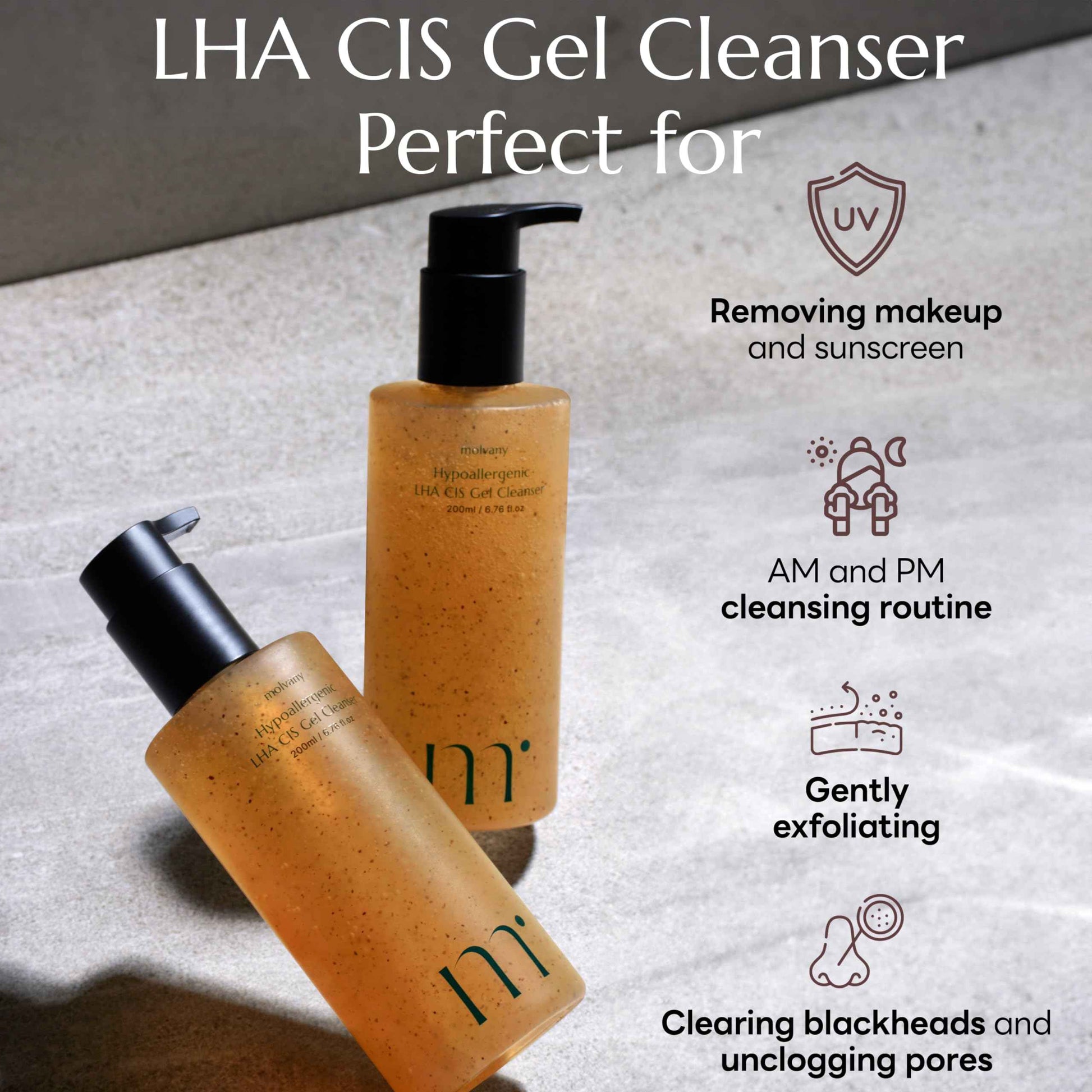 molvany LHA CIS Gel Cleanser - Low pH Korean Facial Wash Skincare for Pore Shrinking, Face Moisturizing, Makeup, Whitehead & Blackhead Remover - 6.76 fl. oz