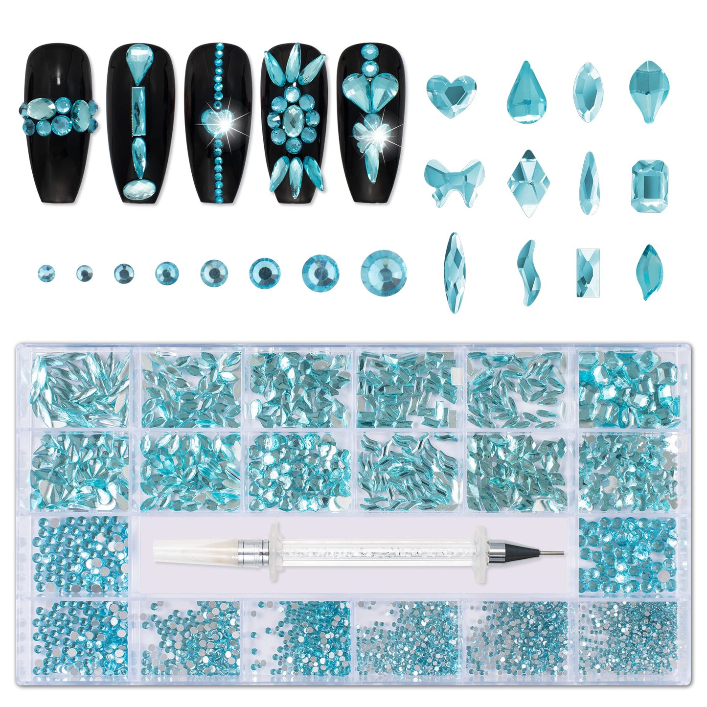 Nail Rhinestones Kit, Nail Art Decorations with Wax Pencil Flat AB Rhinestones Kit DIY Crafts Gemstones for Nail, Shoes, Clothes, Jewels (600 Aquamarine Diamonds + 2500 Flat Rhinestones)…