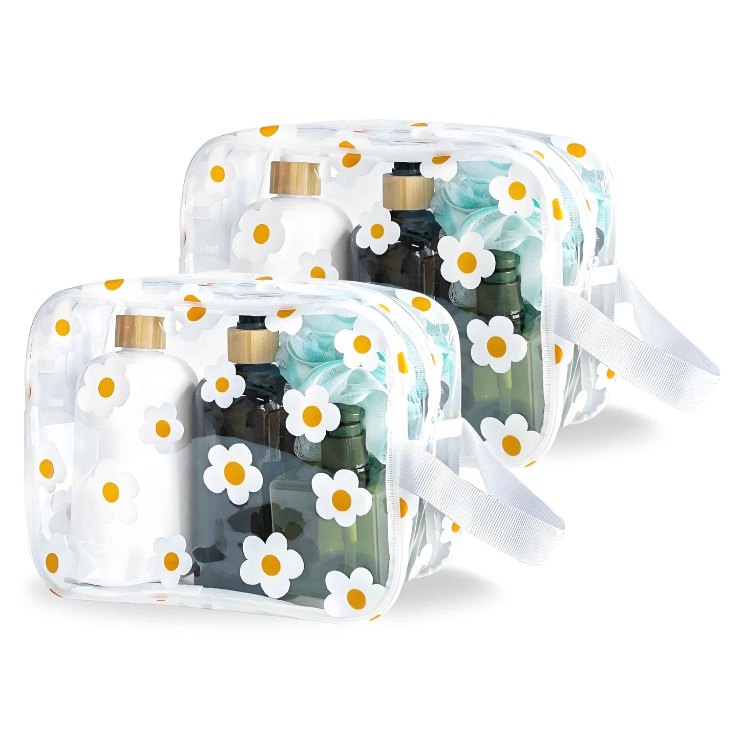 TotePrint Clear Daisy Printed Cosmetic Bag and Travel Pouch 9.4''x6.69''x3.5'' with Handle-Durable PVC Material,Versatile,Zipper Design for Smooth Sliding-Ideal for Makeup (White Floral#2-M)
