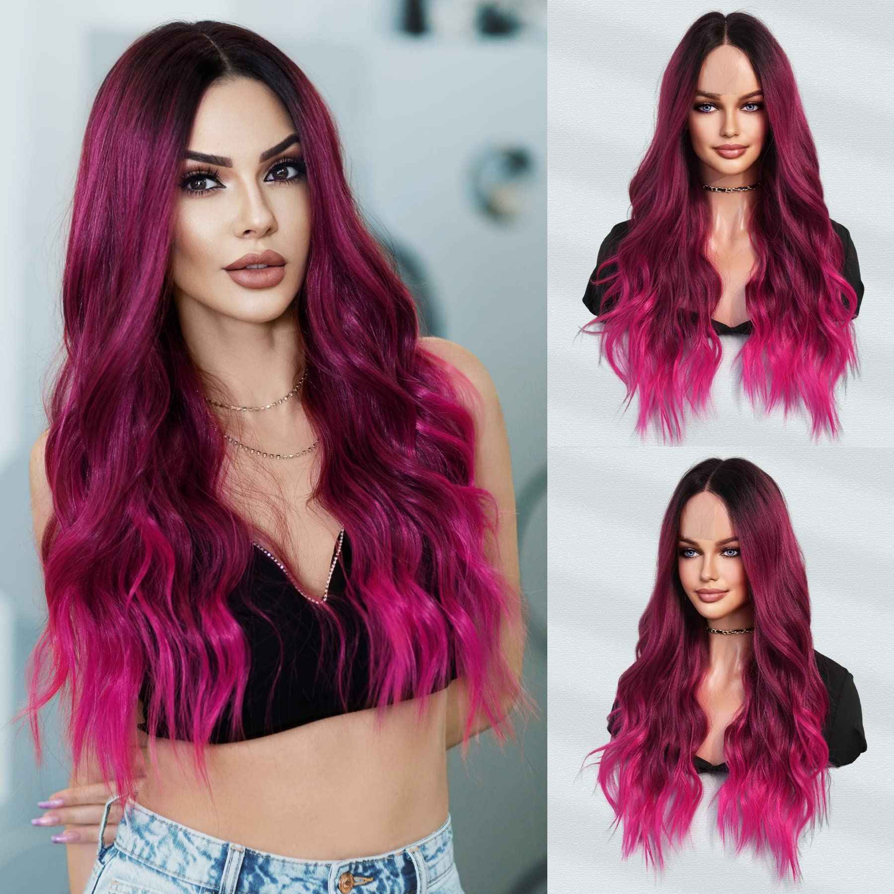 7JHH WIGS Hot Pink Long Wig with Dark Root Middle Part Lace Front Wavy Burgundy Ombre Pink Wig Body Wave Synthetic Wig for Women Transparent Lace Wig Hair 180% Density Daily Wear Wig 27 inch