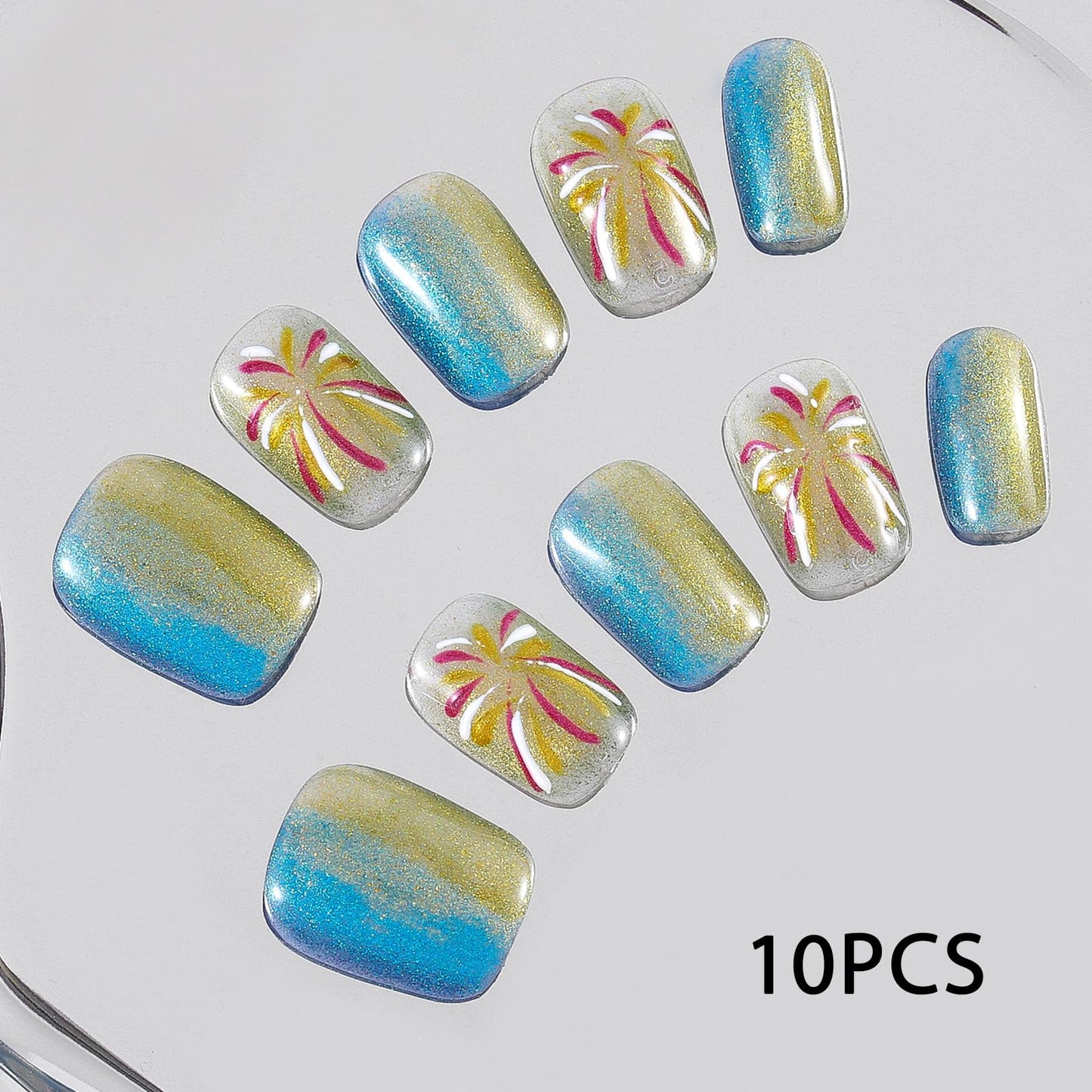 Sethexy Cat Eye Handmade Press On Nails Short Coffin Hand-painted False Nails with Design Acrylic Glossy Salon Fake Nails for Women and Girls 10PCS (Yellow)