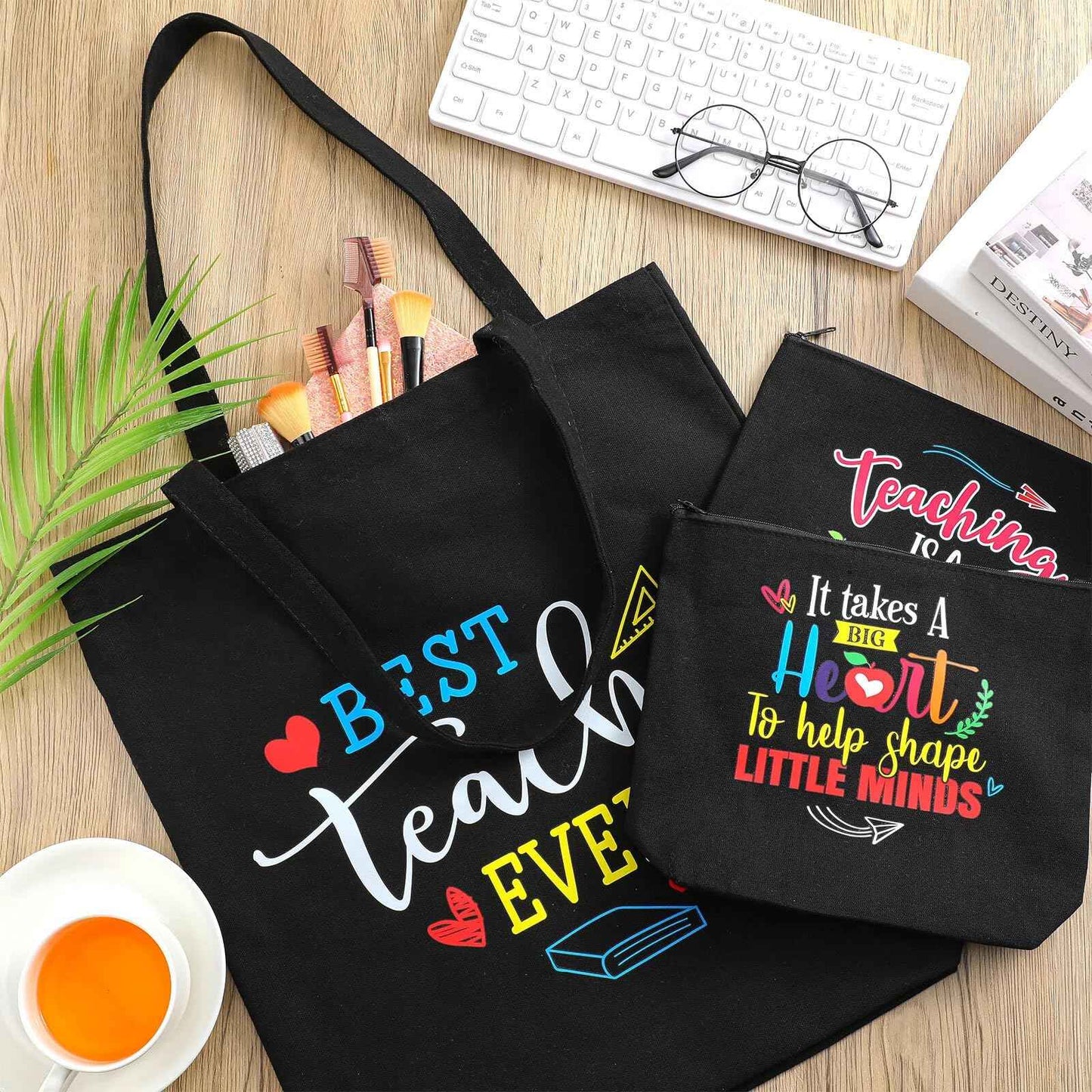 Oudain 8 Pcs Teacher Appreciation Gifts for Women Graduation Gifts Canvas Tote Bag Cosmetic Toiletry Canvas Makeup Bags with Zipper for Teacher Birthday Farewell Parties