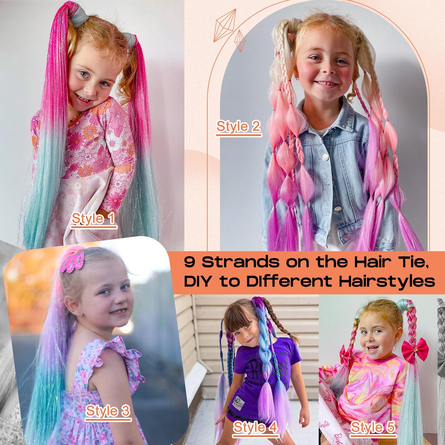 SEIKEA Colored Hair Extensions, 26" 9 Strands Lightweight Colored Hair Extensions for Kids Braid Ponytail Blend Hair Tinsel with Hair Tie, Ombre Crazy Hair Day Accessories Blue/Pink/Light Purple