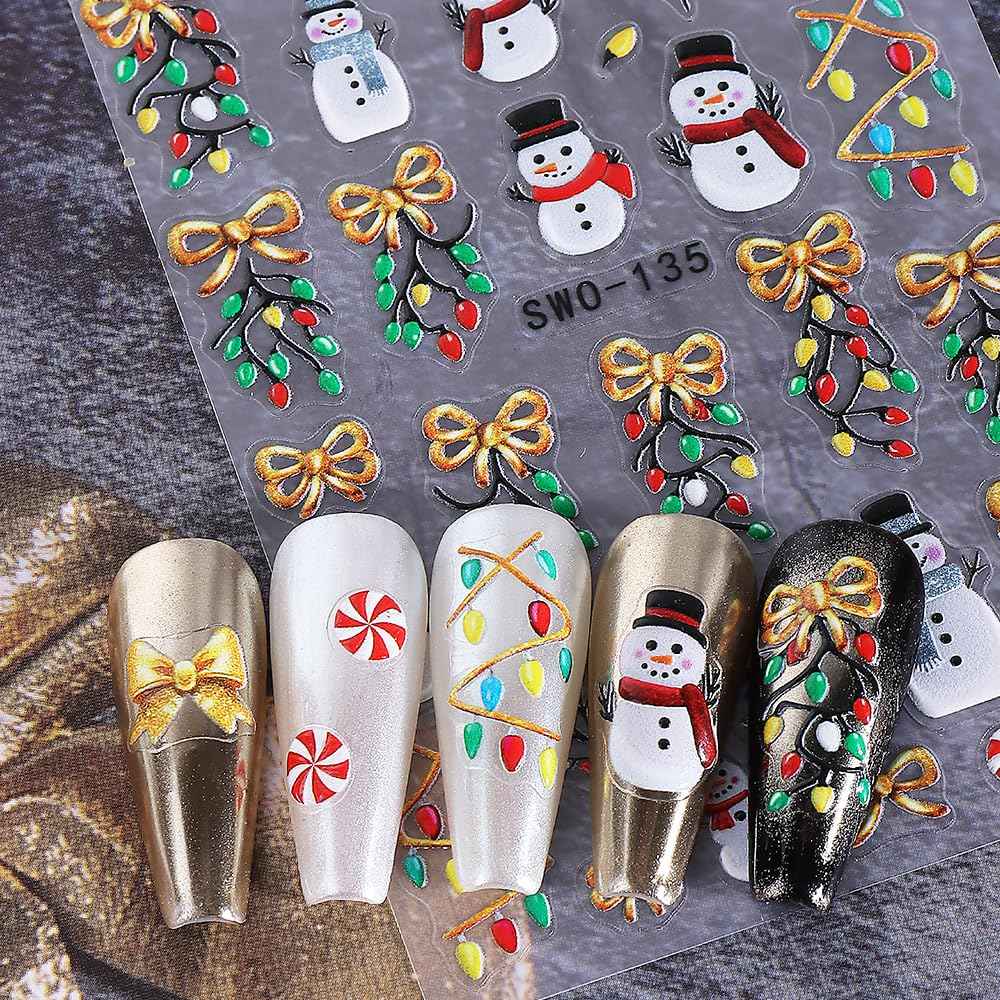 Christmas Nail Stickers 5D Embossed Christmas Tree Snowman Nail Art Stickers Snowflake Nail Decals Self-Adhesive Santa Claus Gingerbread Man Design Sticker Holiday Nail Art Decoration for Women 4Pcs