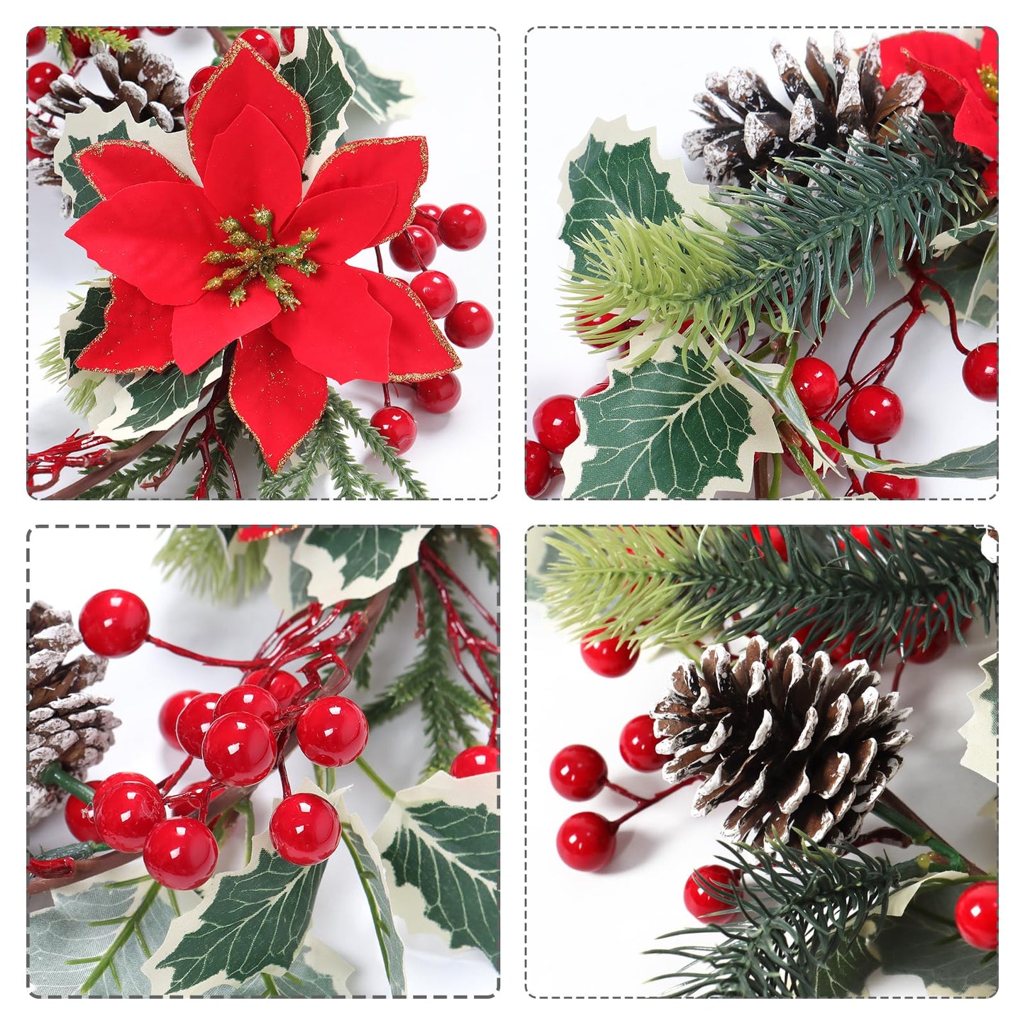 SOMYTING Christmas Garland 6FT Christmas Poinsettia Garland with Red Berries Holly Leaves Artificial Pine Needle Red Berry Garland Artificial Xmas Flower for Indoor Outdoor Christmas Decortions (2PCS)