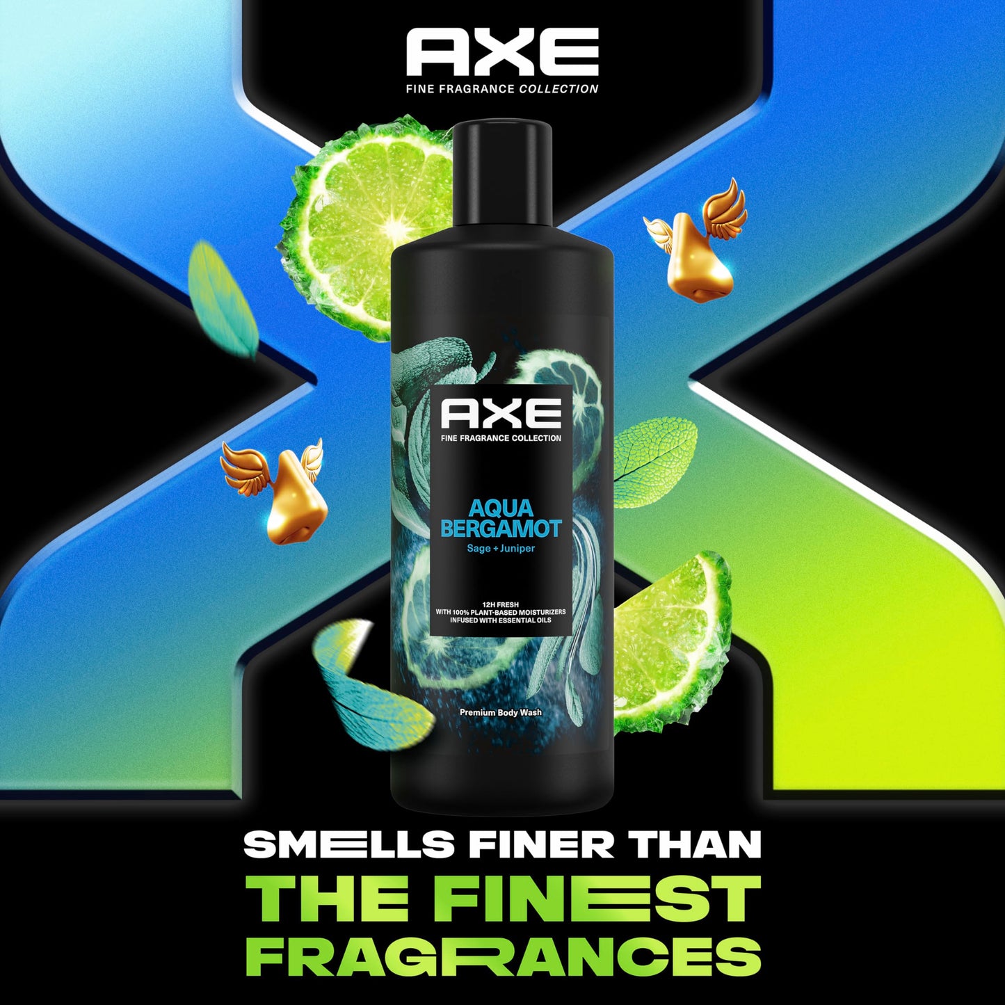 AXE Fine Fragrance Collection Body Wash For Men Aqua Bergamot 4 Count 12h Refreshing Scent Shower Gel Infused with Bergamot, Sage, and Juniper Essential Oils 18 oz